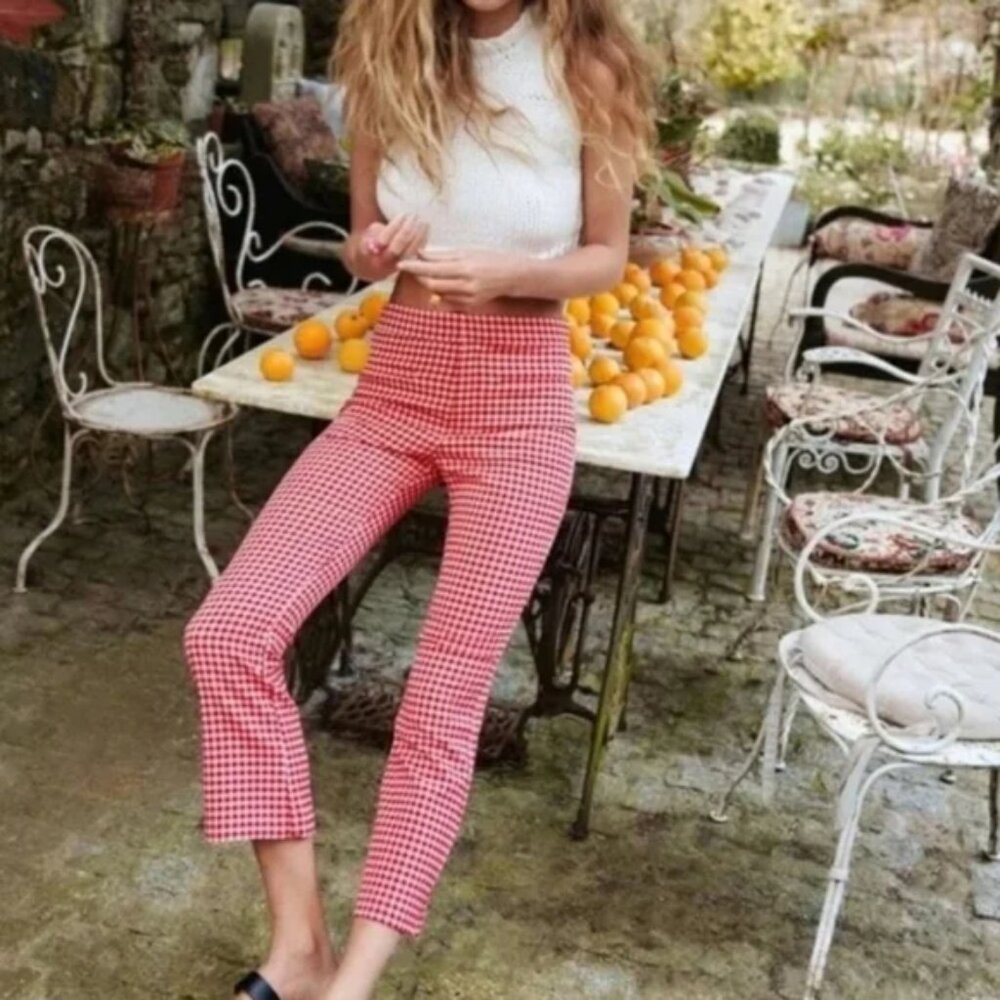 Zara Red White Gingham Plaid High Rise Check Pants | Size Medium (M)
